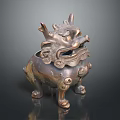 Traditional Chinese Qilin Decorative Statue With Intricate Brass Carvings And Coiled Patterns