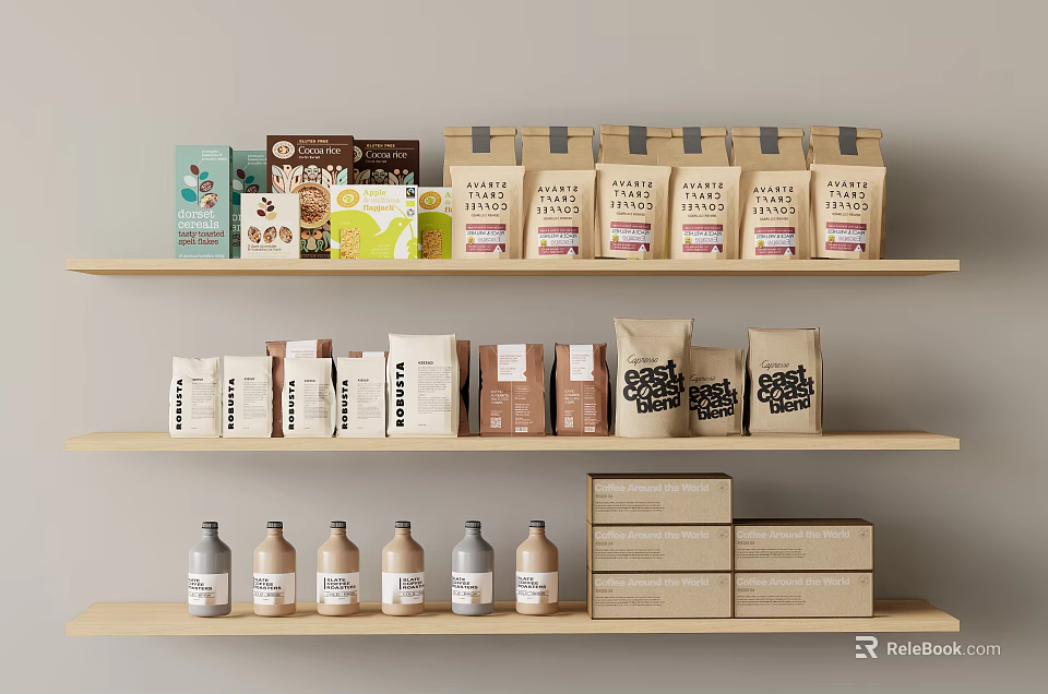 Various Packaged Food Products on Wooden Shelves Including Boxes Bags and Bottles 3d model 