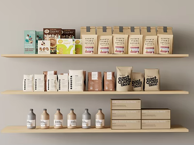 Various Packaged Food Products on Wooden Shelves Including Boxes Bags and Bottles 3d model