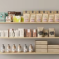 Various Packaged Food Products on Wooden Shelves Including Boxes Bags and Bottles