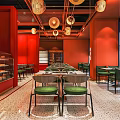 Modern Hotpot Restaurant Interior With Red Walls Green Chairs Long Tables And Pendant Lights