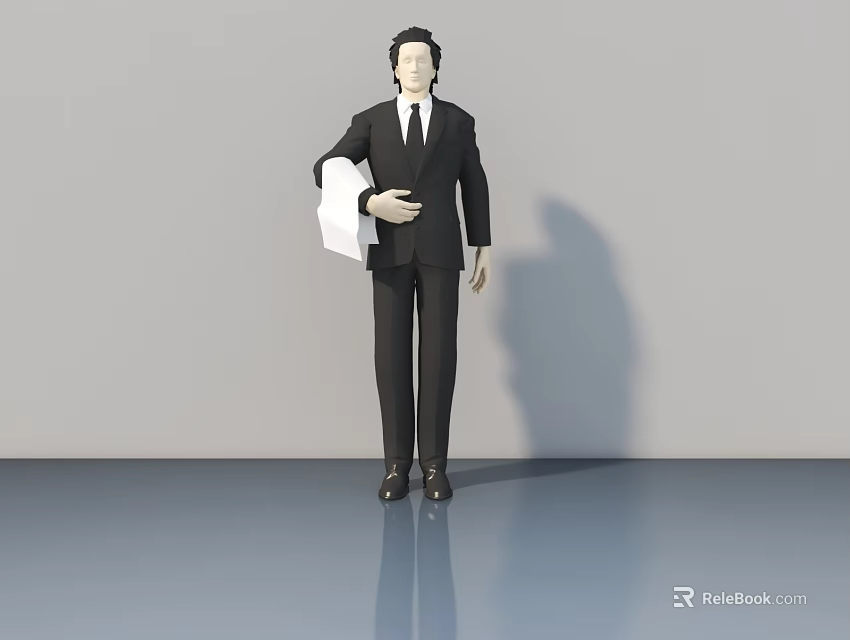 Man in Black Suit Holding White Cloth Standing on Smooth Floor with Gray Background 3d model 