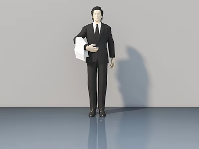 Man in Black Suit Holding White Cloth Standing on Smooth Floor with Gray Background 3d model
