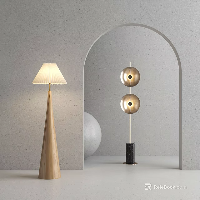 Modern Floor Lamps With Wooden Cone Pole And Double Spherical Metal Shades In Interior 3d model 