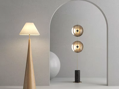 Modern Floor Lamps With Wooden Cone Pole And Double Spherical Metal Shades In Interior 3d model