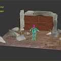 Soldier Standing In Front Of Red Brick Wall With White Ice Rocks On Sandy Ground