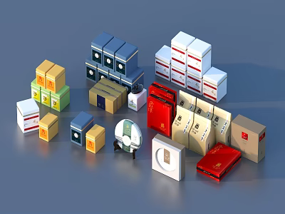 Assorted Household Items Packaging Boxes In Various Colors And Sizes 3d model