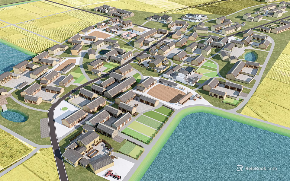 Aerial View Planning of Residential Community With Buildings Green Spaces and Water Area 3d model 