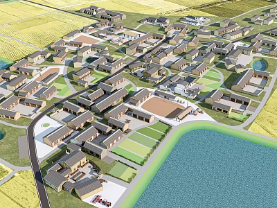 Aerial View Planning of Residential Community With Buildings Green Spaces and Water Area 3d model
