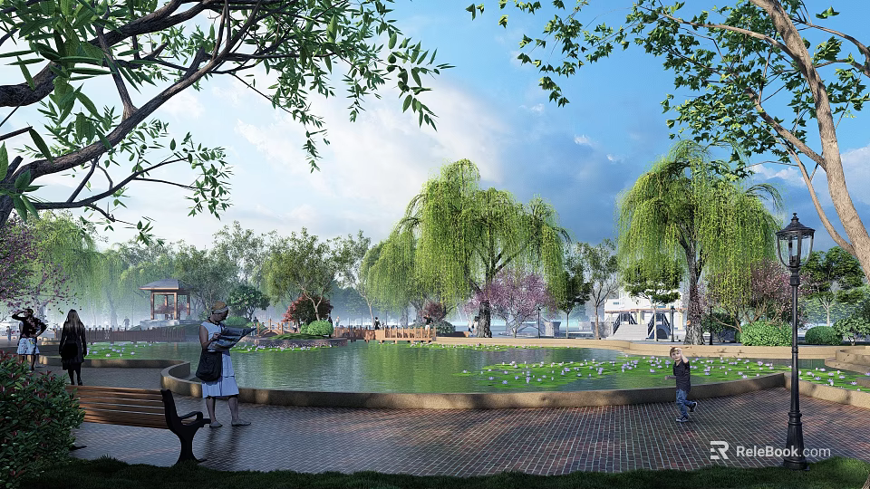 Tranquil Park Landscape With Weeping Willow Trees Pond Lotus Flowers Bench Pavilion And People 3d model 