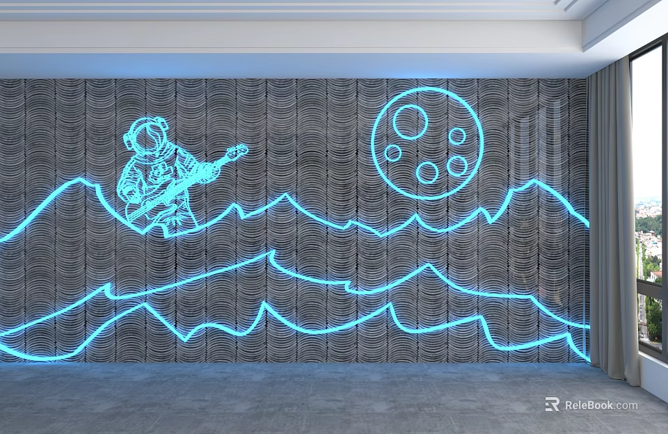 Neon Lit Background Wall With Astronaut Playing Guitar Moon And Waves On Textured Surface 3d model 