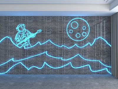 Neon Lit Background Wall With Astronaut Playing Guitar Moon And Waves On Textured Surface 3d model