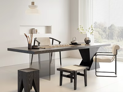 Modern Tea Table and Chairs with Stools Vase and Tea Set in Bright Interior 3d model
