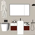 Stylish Bathroom Vanity With White Basin Mirror Cabinet Toilet And Hanging Bathrobe Toiletries