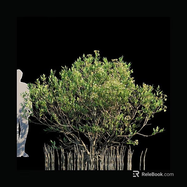 Arbor With Green Leaves And Flowers Near Human Silhouette With Thin Poles On Black Background 3d model 