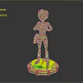 Green Skinned White Haired Character in Purple Outfit with Hands Clasped on Striped Platform Base
