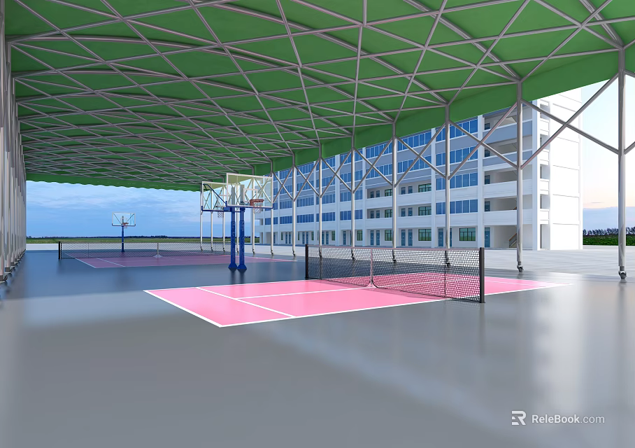 Basketball Court Featuring Green Canopy Structure Pink Court Surface Basketball Hoops And Adjacent White Building 3d model 