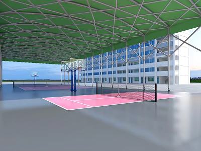 Basketball Court Featuring Green Canopy Structure Pink Court Surface Basketball Hoops And Adjacent White Building 3d model