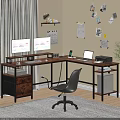 L Shaped Wooden Metal Desk With Double Monitors Laptop Printer And Office Chair