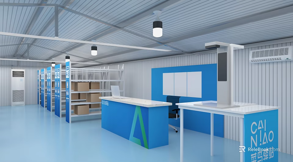 Storage Warehouse Interior With Blue Counter White Shelves And Ceiling Lights 3d model 