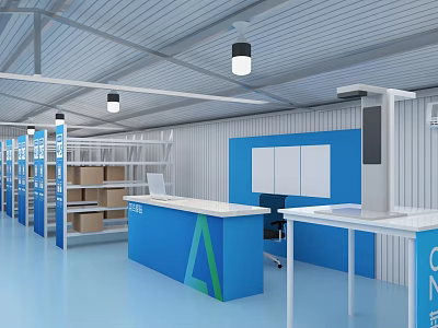 Storage Warehouse Interior With Blue Counter White Shelves And Ceiling Lights 3d model