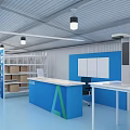 Storage Warehouse Interior With Blue Counter White Shelves And Ceiling Lights 3d model