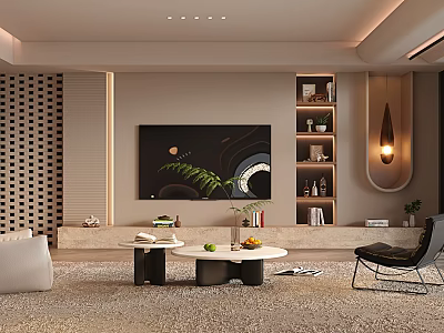 Modern Living Room Interior with Decorative Painting Bookshelves Round Coffee Tables Rug and Wall Lamp 3d model
