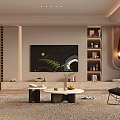 Modern Living Room Interior with Decorative Painting Bookshelves Round Coffee Tables Rug and Wall Lamp