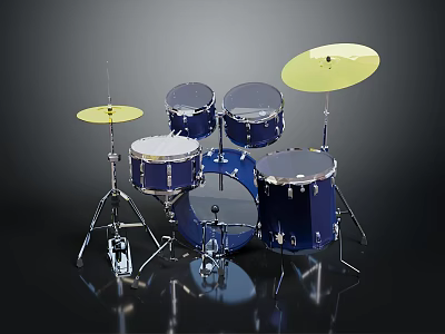 Modern Blue Drum Set Musical Instrument With Yellow Cymbals And Silver Stands 3d model