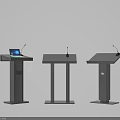 Three Modern Podiums Each Equipped with Microphone and One with Laptop 3d model