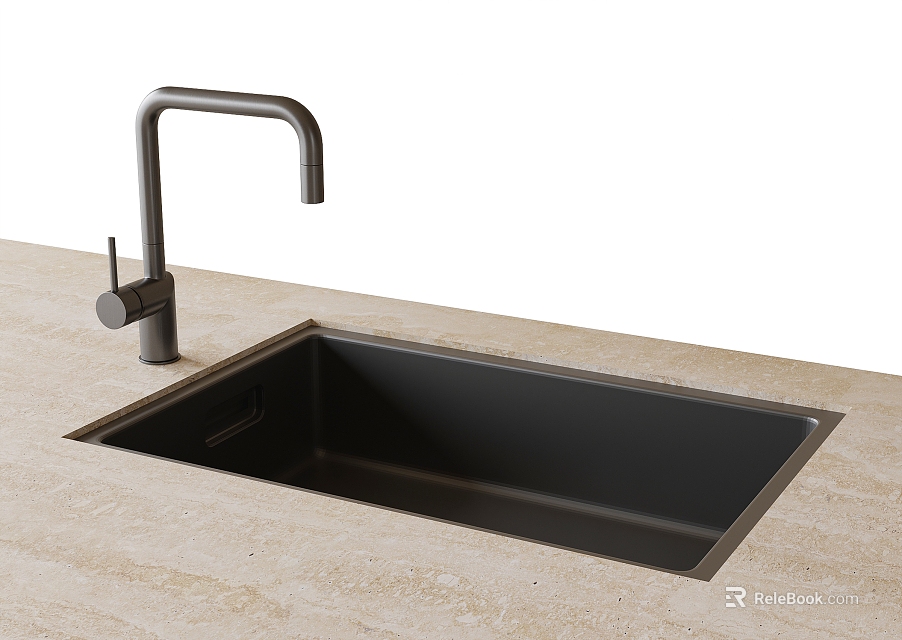 Modern Black Single Bowl Undermount Kitchen Sink with Silver Faucet on Stone Countertop 3d model 