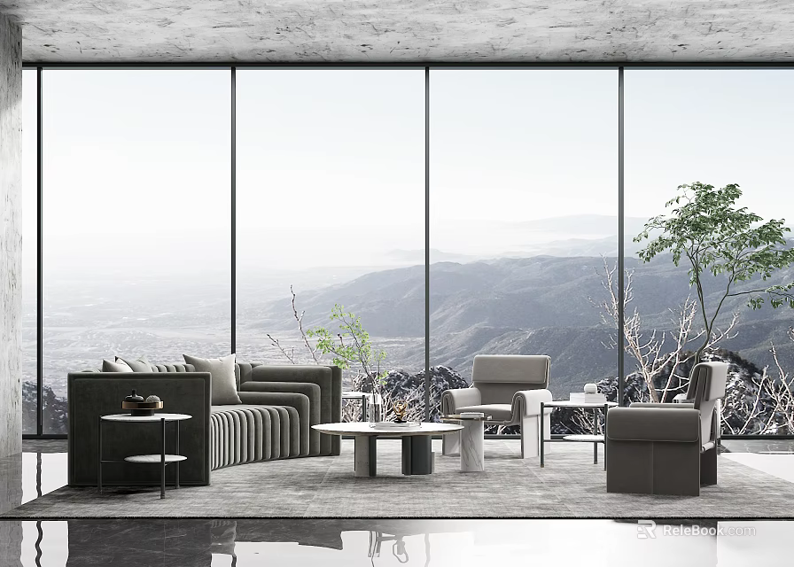 Modern Sofa And Coffee Table Set In Living Room With Large Windows Mountain View And Green Plants 3d model 