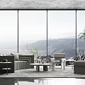 Modern Sofa And Coffee Table Set In Living Room With Large Windows Mountain View And Green Plants