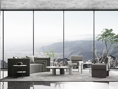 Modern Sofa And Coffee Table Set In Living Room With Large Windows Mountain View And Green Plants 3d model