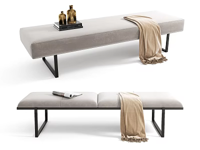 Modern Style Sofa Bench With Black Metal Legs Beige Blanket And Decorative Items 3d model