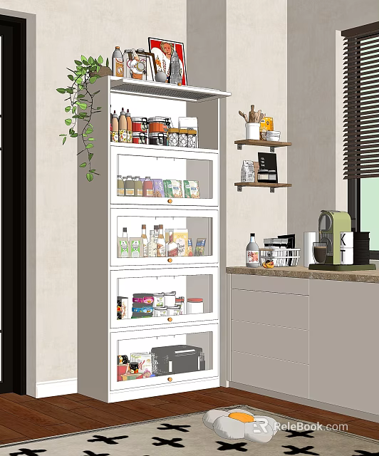 Modern Open Kitchen Interior With Multi layer Shelving Food Items Green Plant And Cabinets 3d model 