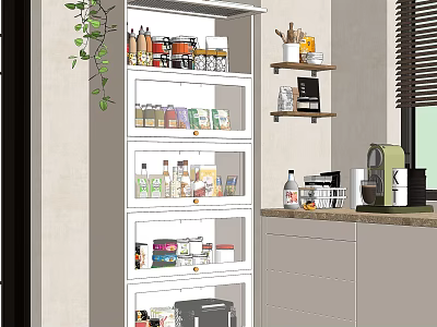 Modern Open Kitchen Interior With Multi layer Shelving Food Items Green Plant And Cabinets 3d model