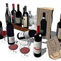 Different Labeled Red Wine Bottles And Wine Filled Glasses On Wooden Tray