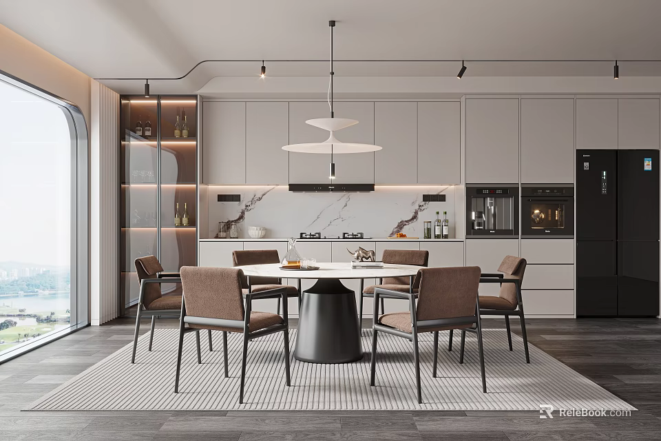 Modern Restaurant Interior With Round Dining Table And Pendant Lights 3d model 