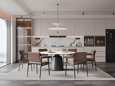 Modern Restaurant Interior With Round Dining Table And Pendant Lights 3d model