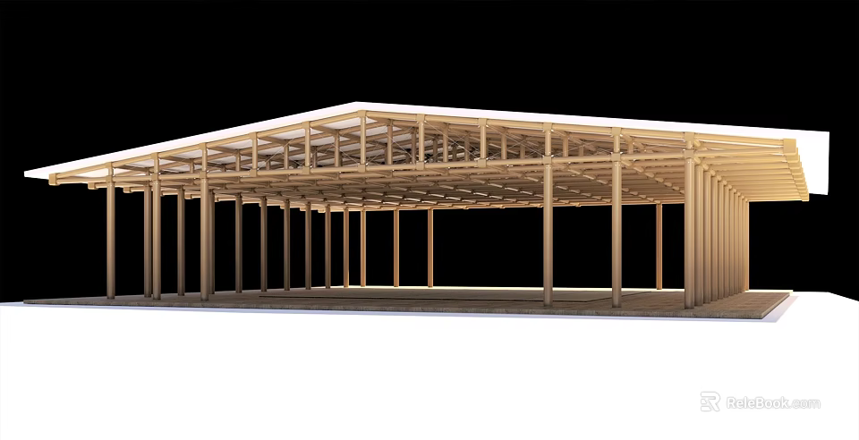 Wooden Building Frame Structure With Open Roof Truss And Support Columns 3d model 