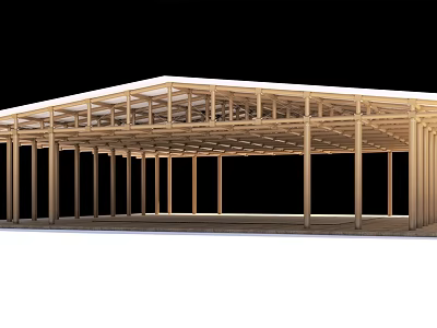 Wooden Building Frame Structure With Open Roof Truss And Support Columns 3d model