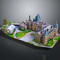 Medieval Stone Castle Architecture With Multiple Towers Spires Courtyard And Green Areas
