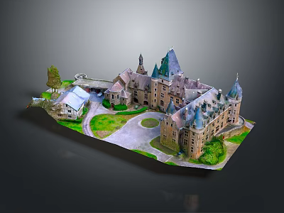Medieval Stone Castle Architecture With Multiple Towers Spires Courtyard And Green Areas 3d model