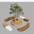 Wooden Public Chairs Arranged Around Circular Platform With Tree 3d model