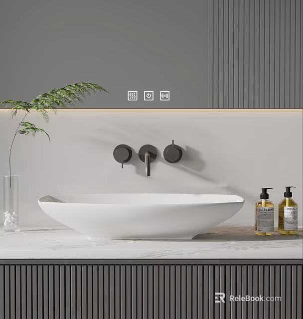 Minimalist Bathroom Countertop With White Basin Black Faucet And Green Plant 3d model 