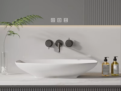 Minimalist Bathroom Countertop With White Basin Black Faucet And Green Plant 3d model
