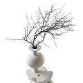 Decorative Ornament Set With White Vase Bare Branches And Stacked Stone Pedestal