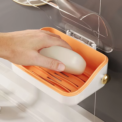 Bathroom Soap Dish With Orange White Design Transparent Lid And Drainage Strip 3d model