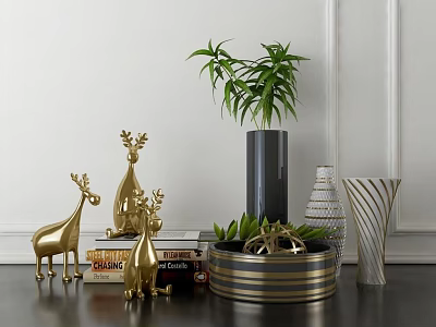 Decorative Ornament Set With Golden Deer Ornaments Books Green Plants And Vases 3d model